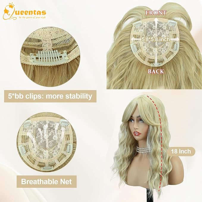 QUEENTAS 18" Curly Hair Topper for Women with Thinning Hair Pieces 6"*6"Large Coverage 360°3D Cover Synthetic Long Blonde Wavy with 5 Clips in Wiglets(Blonde)