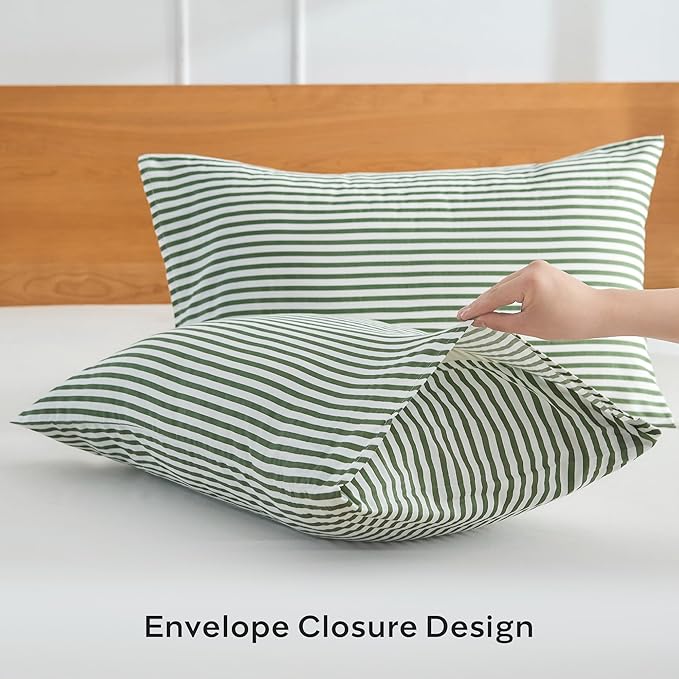 JELLYMONI 100% Natural Cotton Striped King Pillowcases Set, 2 Pack White and Green Stripes Pattern Printed Pillow Covers with Envelope Closure(Pillows are not Included)