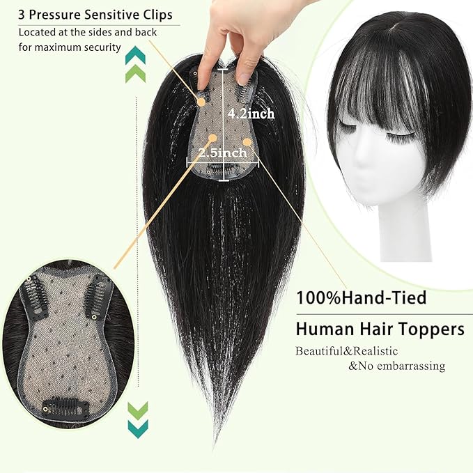 Hair Toppers for Women Real Human Hair, 360°3D Bangs Clip Human Toppers for Women with Thinning hair Realistic Scalp Line (Brown Black, 3D French Bangs(11 * 7))