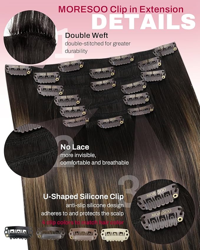 Moresoo Clip in Hair Extensions Real Human Hair Brown Balayage Clip in Extensions Human Hair Dark Brown to Chestnut Brown Full Head 7pcs 120g 20Inch