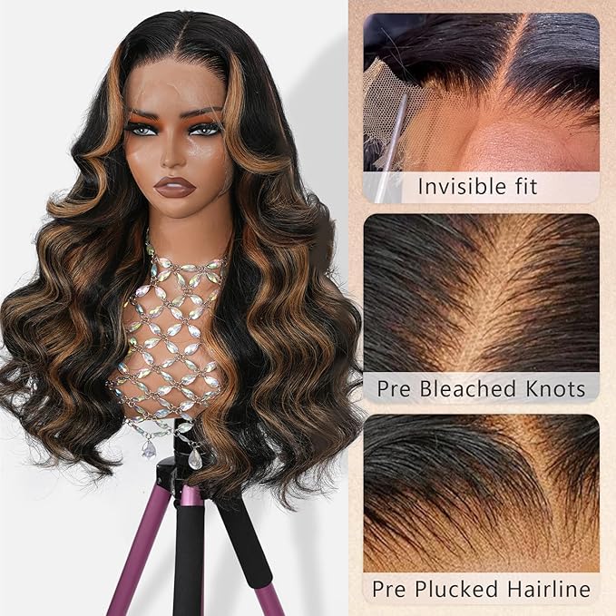 Highlight Ombre Body Wave Lace Front Wigs Human Hair 13x4 Skinlike HD Lace Wigs Invisible 0.1mm Ultra-thin 100% Real Human Hair 1B/30 Balayage Brown Wig Human Hair 200% Density 24 Inch for Women