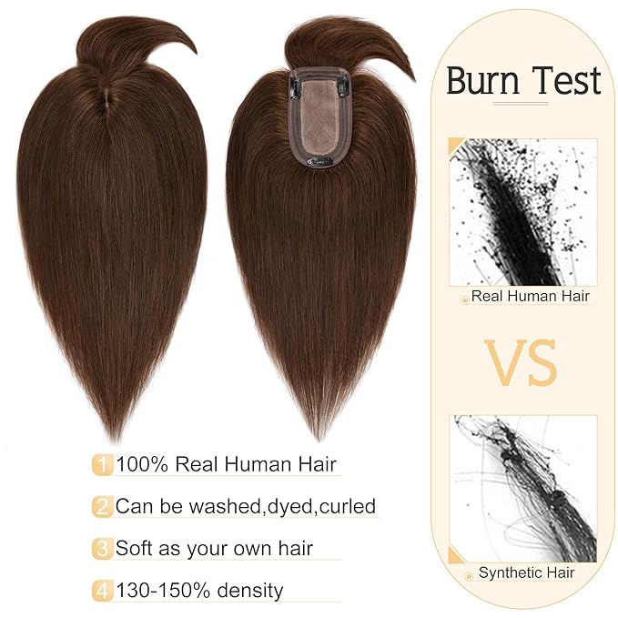 SEGO Hair Toppers for Women Real Human Hair With Bangs, 7 * 13CM Silk Base 100% Remy Human Hair Clip in Top Wiglet Hairpieces Add Volume -16 Inch Medium Brown