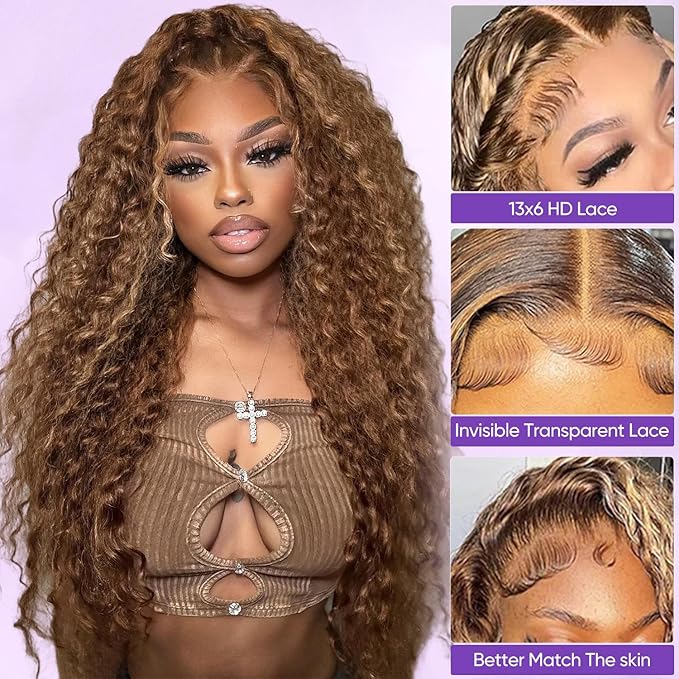 Honey Blonde Highlight Ombre Lace Front Wig Human Hair 210 Density 13x6 HD Lace Front Wigs Human Hair Deep Wave Curly Lace Frontal Wigs Pre Plucked with Baby Hair 22Inch