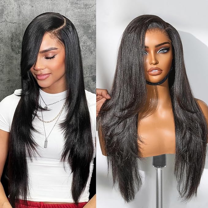 LUVME HAIR 7x6 All-Day Comfor Wig PartingMax Lace Wigs 200% Density Yaki Straight Lace Front Wigs Human Hair Pre Cut Plucked Lace Frontal Glueless 16 Inches Natural Black Color