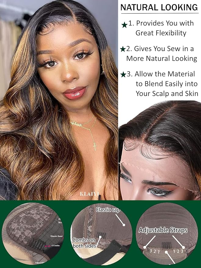 KLAIYI Ombre Brown Body Wave Lace Front Wigs Human Hair Highlight Balayage 13x4x1 T Part Ear to Ear Lace Wig Pre Plucked with Baby Hair Easy to Wear and Go Wigs for Black Women Natural Hairline 20Inch