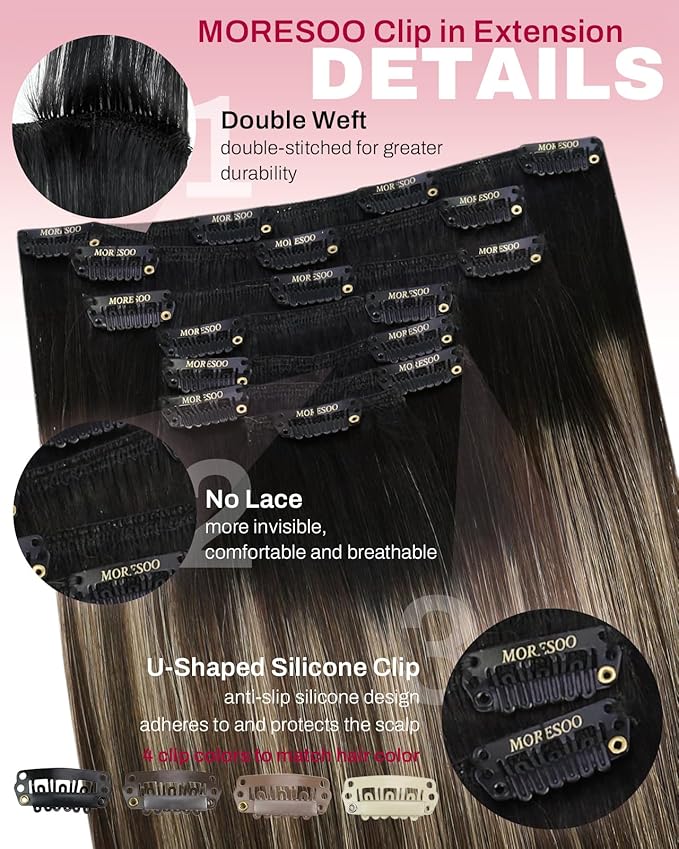 Moresoo Clip in Human Hair Extensions Balayage Straight Thick Double Weft Clip in Hair Extensions Ombre Off Black to Dark Brown Mixed Darkest Blonde 7pcs 120g 20inch