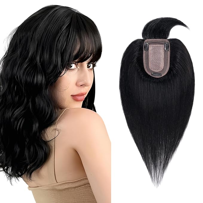 SEGO Hair Toppers for Women Real Human Hair with Thinning Hair, Toppers Hair Pieces Clip in Toppers Straight Hair Pieces with Front Bangs 150% Density Silk Base -6 Inch #1 Jet Black