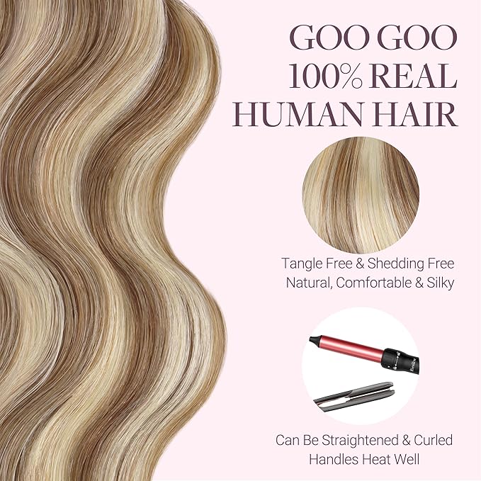 GOO GOO Tape in Hair Extensions Human Hair, 8B/60B Golden Blonde Highlights, 14inch 50g 20pcs, Skin Weft Seamless Invisible, Silky Straight with Thick Ends, Remy Human Hair