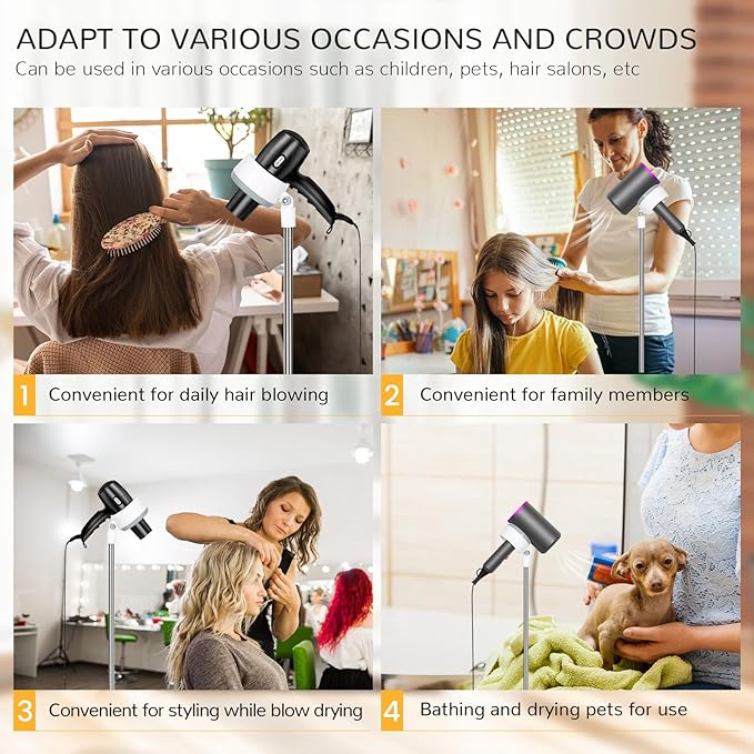 INNOLIFE Hair Dryer Stand, Adjustable Height Handsfree Hair Dryer Holder with Base, 180 Degree Rotating Floor Stand Blow Hairdryer Holder - White