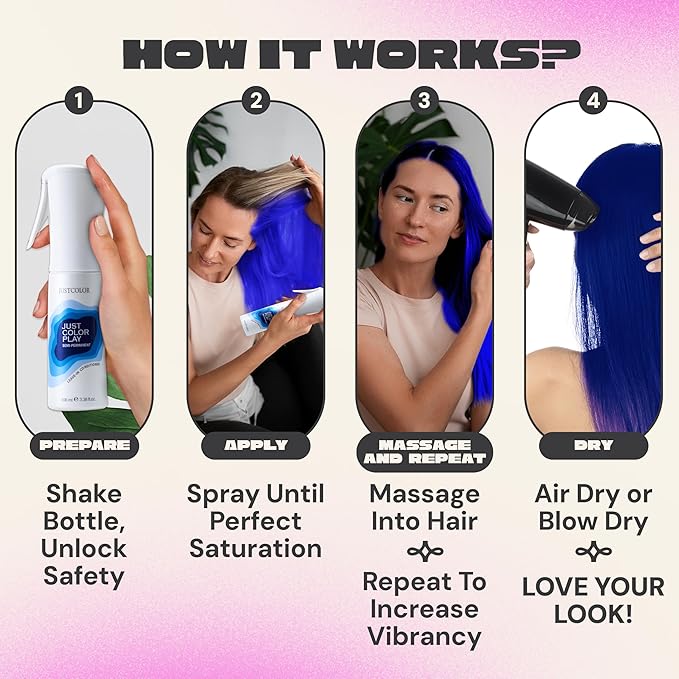 Just Color Hair Dye Spray | Semi-Permanent | Adjustable Tone | Sets in 10 Minutes | Stain-Free | Lasts 8-12 Washes | Stratos Blue Hair Dye Spray | Ammonia & PPD Free | Pack of 2