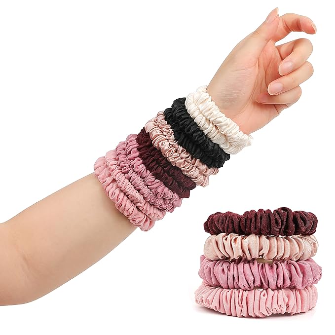 Hair Ties Satin Scrunchies - Small Mini Scrunchy for Women Thick Hair Accessories Cute Soft No Slip Hair Elastics Ponytail Holder for Curly Hair No Damage Hairties Gift for Girls