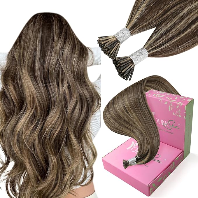 YoungSee Itip Hair Extensions Real Human Hair Brown I Tips Hair Extensions for Women Highlight Dark Brown and Blonde Tip Hair Extension Real Human Hair Long 24In 50g 50s
