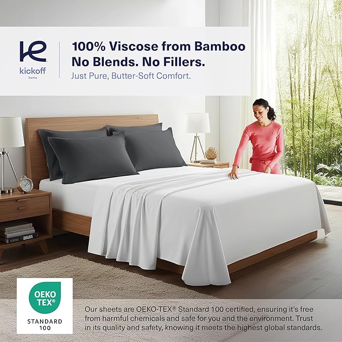 Kickoff Viscose Bamboo Pillowcase, Queen, Set of 2, 100% Organic Hidden Zippered Viscose Bamboo Pillow Case Queen Size, Cooling Pillow Cover for Hot Sleepers (20"x30", Pewter)