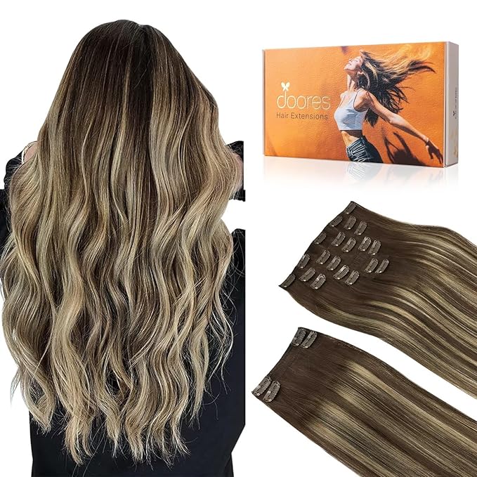 DOORES Clip in Human Hair Extensions, Balayage Chocolate Brown to Honey Blonde 24 Inch 9pcs 150g, Real Hair Clip ins Thick Silky Straight