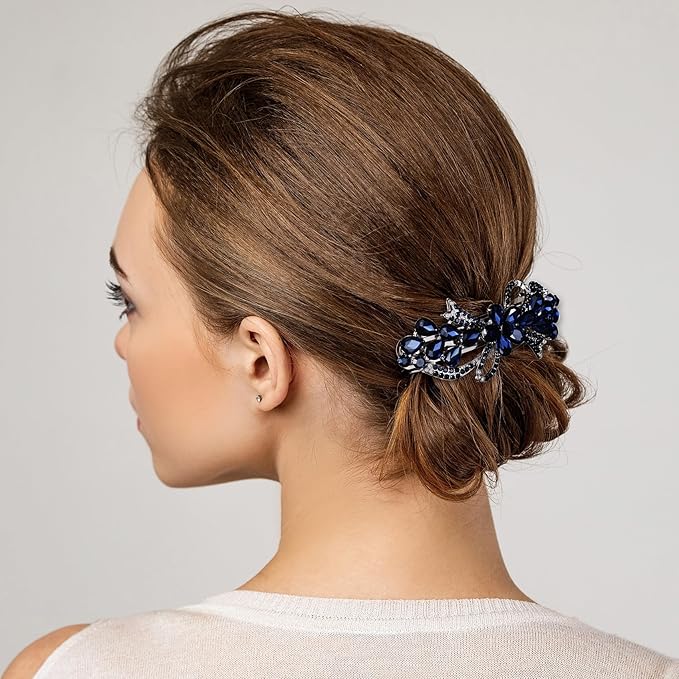 Joez Wonderful Rhinestone Hair Clip Sparkly Crystal Barrettes French Wedding Prom Engagement Pageant First Communion Hair Decorative Accessories for Women Long Hair (Bow Blue, 1 Pcs)