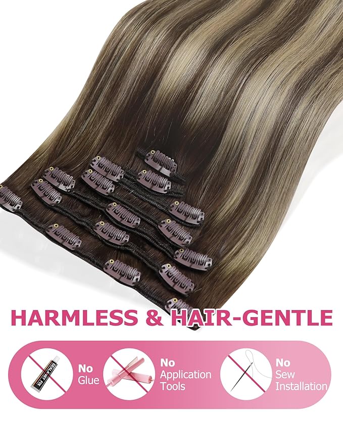 YoungSee 150G Clip in Hair Extensions Real Human Hair Brown Balayage Clip in Human Hair Extensions Chocolate Brown with Ash Blonde Balayage Clip ins Real Hair Extension Easy to Install 22inch 7pcs