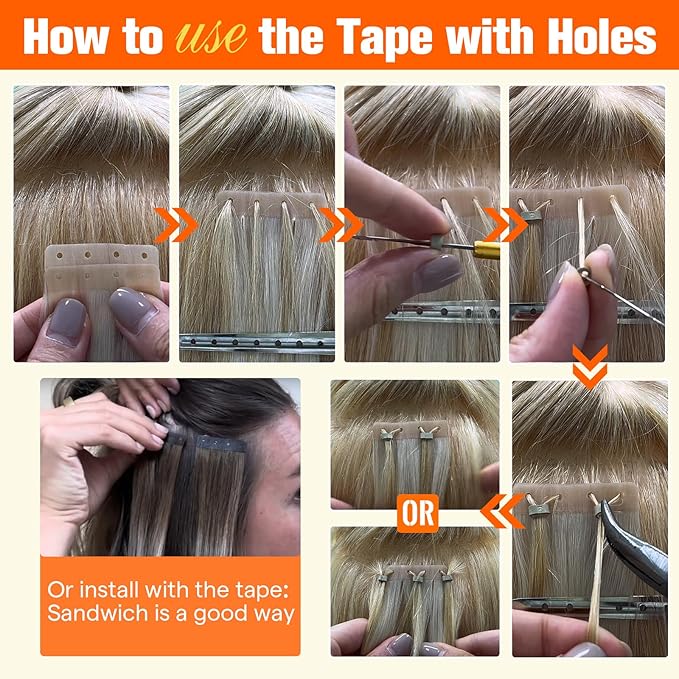 Full Shine Tape in Hair Extensions Human Hair Blonde Tape ins Color 60 Bleach Blonde Glueless Remy Human Hair Extensions with Holes 20PCS 50G 18Inch No Glue No Clips for Thin Hair