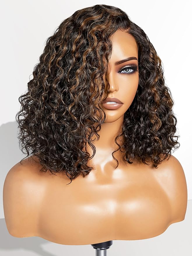 LUVME HAIR 12" Curly Glueless Wigs Human Hair Pre Plucked Pre Cut, Undetectable HD Lace Curly Bob Wig Human Hair Short Black Wig with Blonde Highlights Ready to Go Wig 180 Density