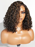 LUVME HAIR 12" Curly Glueless Wigs Human Hair Pre Plucked Pre Cut, Undetectable HD Lace Curly Bob Wig Human Hair Short Black Wig with Blonde Highlights Ready to Go Wig 180 Density