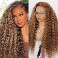 210% Density 13x6 Highlight Ombre Full Lace Frontal Wigs Human Hair 12A Deep Wave Brazilian Human Hair Pre Plucked 4/27 Honey Blonde HD Glueless Transparent Lace 24 Inch