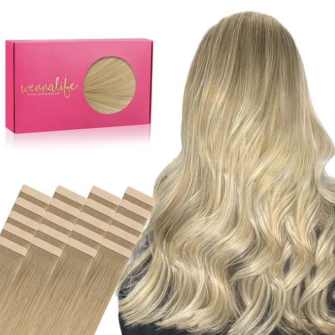 WENNALIFE Tape in Hair Extensions Human Hair, 20pcs 50g 20 inch Balayage Dirty Blonde to White Blonde Remy Hair Extensions Straight Human Hair Tape in Extensions Skin Weft Tape Extensions Human Hair