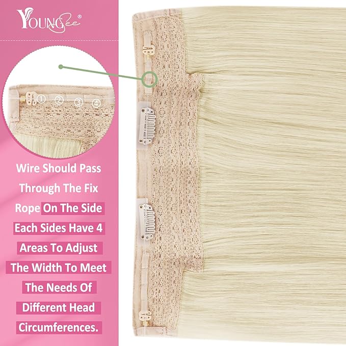 YoungSee Invisible Wire Hair Extensions Real Human Hair Blonde Hair Extensions Wire Platinum Blonde Fish Line Hair Extensions Human Hair Dyable Remy Hair 16In 80G