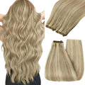 YoungSee Weft Hair Extensions Blonde Highlight Human Hair Extensions Sew in Dark Ash Blonde Highlighted Light Blonde Sew in Weft Hair Extensions Human Hair for Women 18Inch 100G