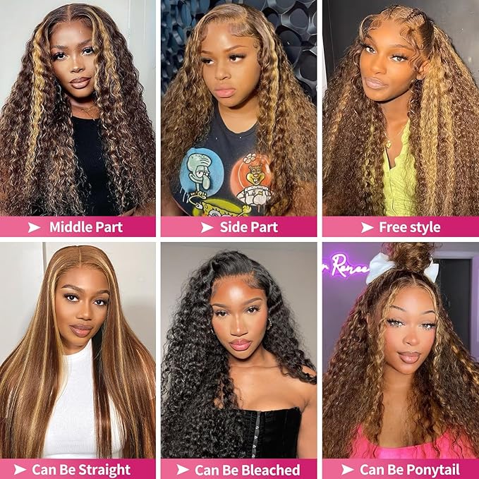 Highlight Deep Wave Wig 13x6 Ombre Lace Front Wig Human Hair Honey Blonde HD Lace Front Wigs Human Hair Pre Plucked 200% Density 4/27 Colored Curly Frontal Wigs for Women 24 Inch