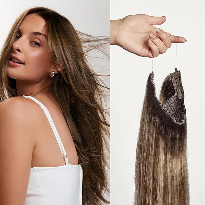 Luxy 100% Remy Human Hair – Halo Clip-In Hair Extensions –Natural Looking Volume & Length - One-Piece - Easy 5-Min Application 150 grams 12" Dimensional Rooted Sunkissed Brown