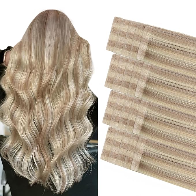 COOKAYU Invisible Tape in Hair, Ash Blonde and Platinum Blonde Seamless Injected Tape in Human Hair Extensions 20pcs/pack 16Inch 35g Invisi Edge Extensions