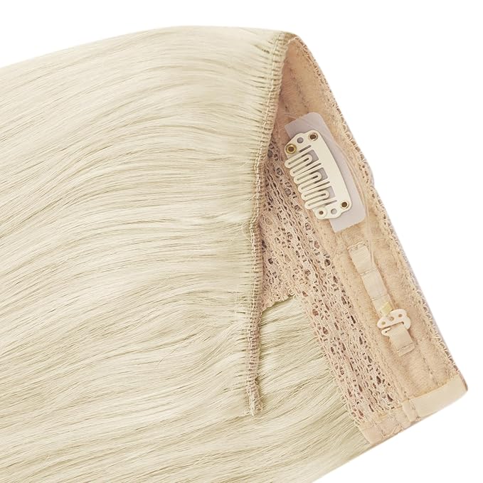 YoungSee Wire Hair Extensions Human Hair Platinum Blonde Wire Human Hair Extensions Blonde Can Be Dyed Fish Line Hair Extensions Real Human Hair 14Inch 80G