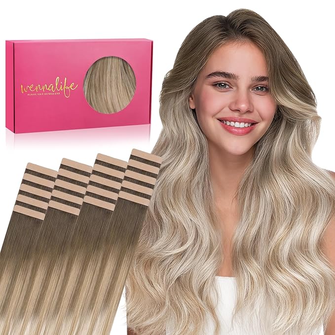 WENNALIFE Tape in Hair Extensions Human Hair, 20pcs 50g 16 inch Balayage Sandy Brown to Platinum Blonde Remy Hair Extensions for Women Tape Ins Straight Extensiones De Cabello Humano Skin Weft