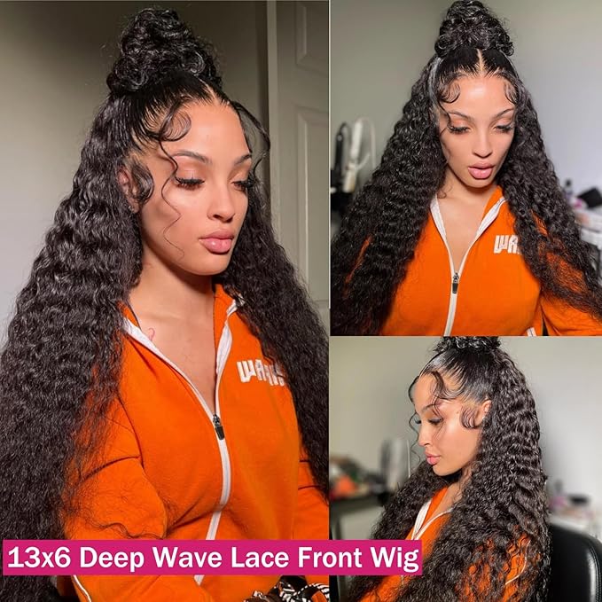 13x6 Deep Wave Lace Front Wigs Human Hair 200 Density HD Lace Front Wigs Human Deep Curly Human Wig Pre Plucked Deep Wave Glueless Frontal Wigs with Baby Hair (34 Inch)