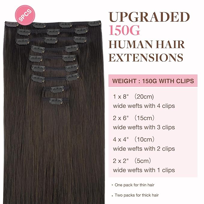 GOO GOO Clip in Hair Extensions Real Human Hair, Remy Human Hair Extensions Clip ins for Women, Natural Human Hair, 22inch 150g 9Pcs, 2 Dark Brown