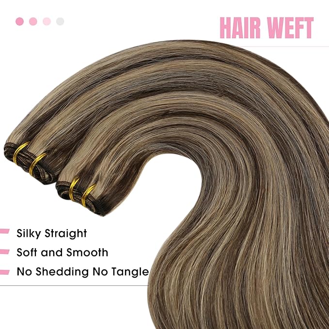 YoungSee Human Hair Sew in Extensions Brown Highlight Hair Extensions Weft Dark Brown Mix Caramel Blonde Sew in Bundles Human Hair One Piece for DIY 16Inch 100G