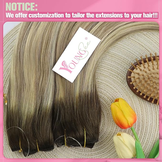 YoungSee Wire Hair Extensions for Women Balayage Invisible Wire Hair Extensions Real Human Hair Walnut Brown Ombre Light Brown with Blonde Short Straight Headband Hair Extension Remy Hair 12inch 70g