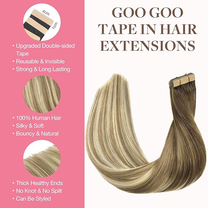 GOO GOO Tape in Hair Extensions Human Hair, 3/8/613 Walnut Brown to Ash Brown and Bleach Blonde, 18inch 100g 40pcs, Skin Weft Seamless Invisible, Silky Straight with Thick Ends, Remy Human Hair