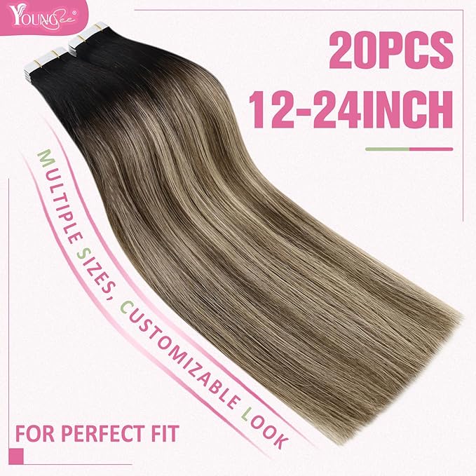 YoungSee Tape in Hair Extensions Real Human Hair Balayage Tape in Hair Extensions Black Ombre Brown with Blonde Tape in Extension Remy Hair Short 12In 20pcs 30g for Adding Volume