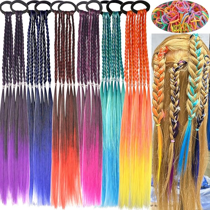 Colored Braids Hair Extensions with Rubber Bands Rainbow Braided Synthetic Hairpieces Ponytail Hair Accessories for Women Kids Girls Party Highlights Cosplay Dress Up (12PCS B Style)