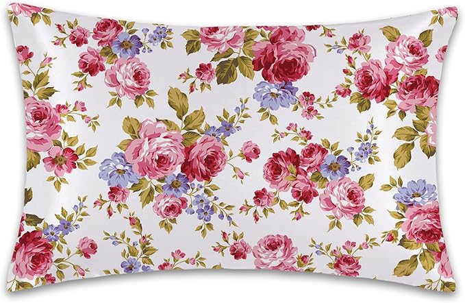 Rose Flower Floral Satin Pillow Case Queen Size,Soft Pillowcases for Hair and Skin Similar to Silk,Pillowcases with Hidden Zipper Bedding Accessories,20X30 Inches,1 Pack