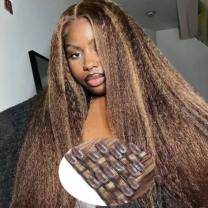 20inch 120g Clip in Hair Extensions Real Human Hair 8pcs with 18clips Chocolate Brown to Honey Blonde Kinky Straight Human Hair Extensions Straight Double Weft Remy Human Hair for Black Women