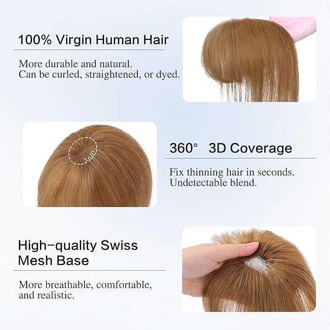 WECAN Hair Toppers for Women Real Human Hair 3D Bangs Clip 100% Human Toppers for Women 10 Inch Clip in Bangs Hairpieces(Light Brown)