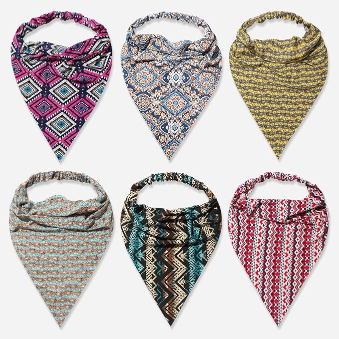 6 Pack Hair Scarf Headband for Women Elastic Bandana Head Scarf Large Boho Triangle Kerchief with Clips Non Slip Scarves