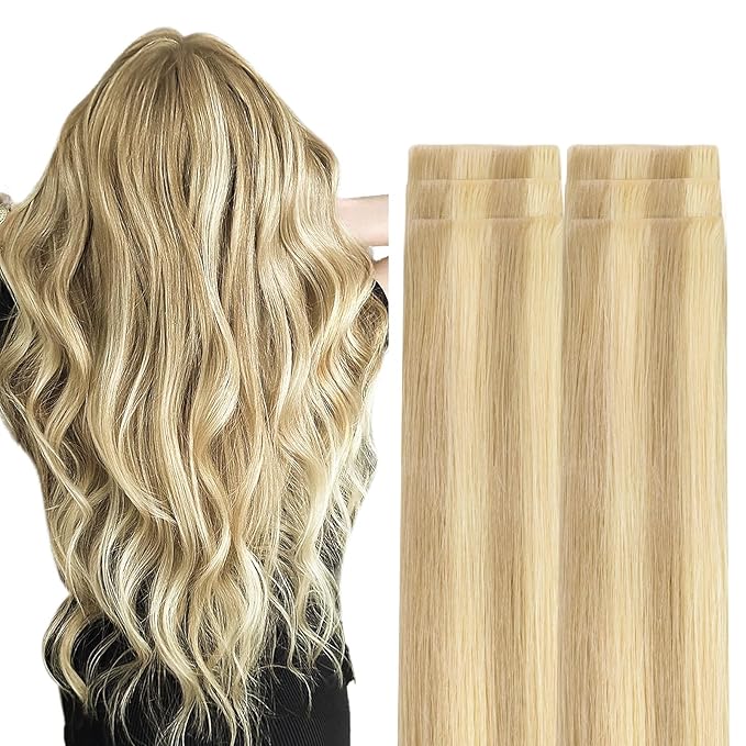 GOO GOO Invisi Edge Tape in Hair Extensions Human Hair, 18D/22F Dirty Blonde Highlights, 6pcs 24inch 18g, Virgin Remy Hair, Seamless Injected Tape, Natural Look