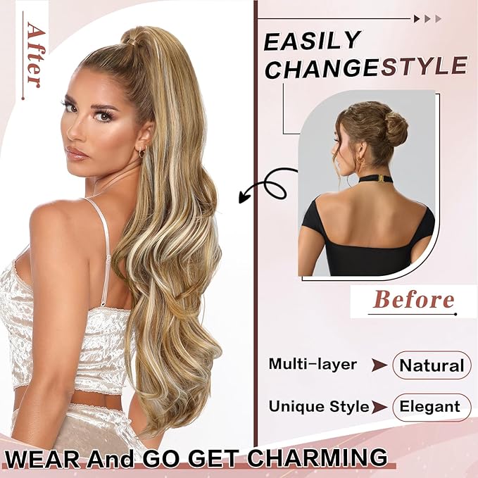 Ponytail Extension, Drawstring Ponytail Extension for Women 26 Inch Long Wavy Pony Tails Hair Extensions Synthetic Clip in Ponytail Hairpiece for Women Brown Mixed Blonde