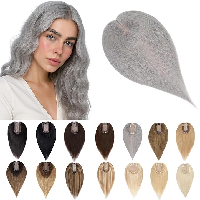 SEGO Grey Hair Toppers for Women Real Human Hair No Bangs, 7 * 13 CM Silk Base Clip In Topper Wiglet, Top Pieces Add Volume -10 Inch G1 Silver Grey