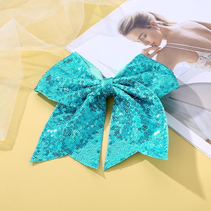 Large Glitter Cheer Bows Clips, Jumbo Big 7 Inch Cheerleading Sequin Hair Bow Hair Accessories for Teens Girls Football Sports Cheerleader Outfit Uniform (Peacock Green)