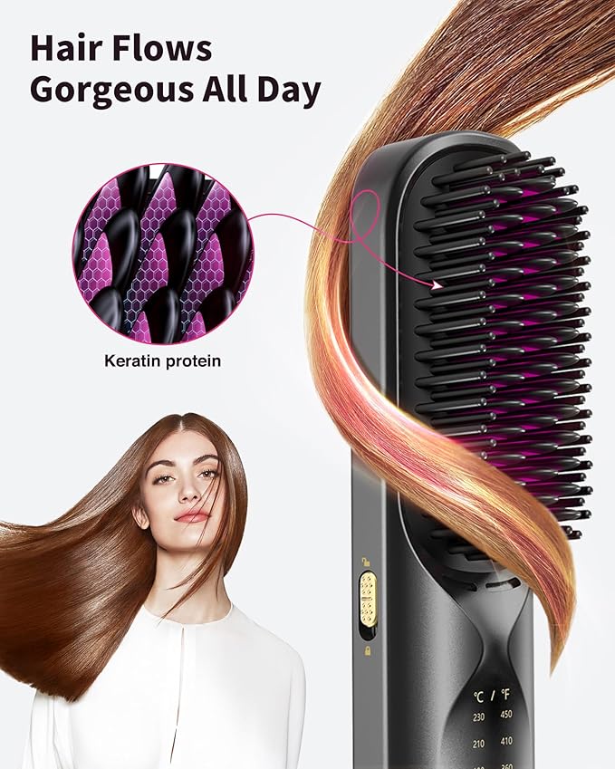 Cordless Hair Straightener Brush - Portable Hair Straightening Brush for Travel - 300M Negative Ions for Frizz-Free Shine, Touch Up On-The-Go, Fast Heating, Gift for Women, 10,000mAh, Charcoal Black