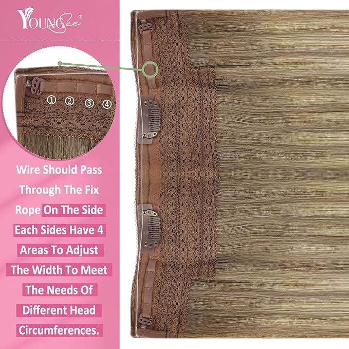 YoungSee Wire Hair Extensions Light Brown Wire Hair Extensions Real Human Hair Light Brown Mix Platinum Blonde Human Hair Fish Line Extensions for Women 70G 12Inch