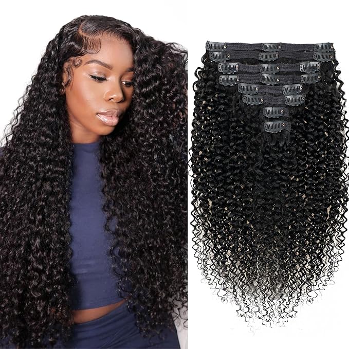 24 Inch 3c 4a Kinky Curly Clip ins Human Hair Extensions Natural Black Curly Clip ins For Full Head Hair Extensions Clip on Hair 8pcs/120g/pack